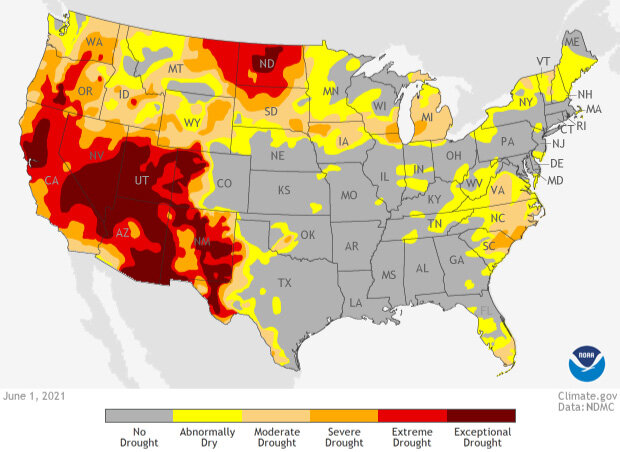 US map of drought conditions on Jun 1, 2021