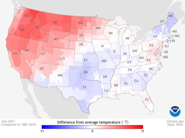 Map of July 2021 temperature anomalies in the US