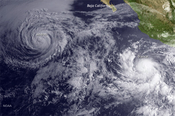 GOES West satellite view of Hurricane Andres (upper left) and Tropical Storm Blanca (lower right) on June 2, 2015