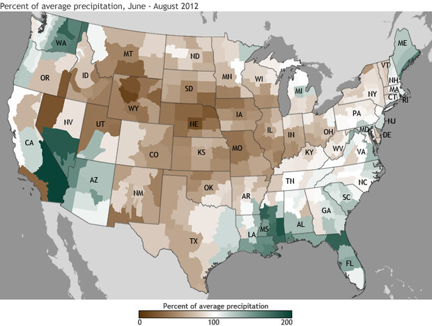 Map showing percent of precipitation in U.S. during summer 2012