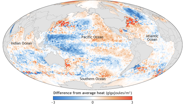 Global map of heat energy in the global ocean in 2016 compared to the 1981 to 2010 average.