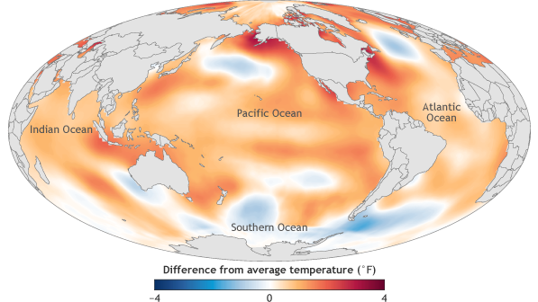 Global map of ocean surface temperature in 2016 compared to the 1981 to 2010 average.