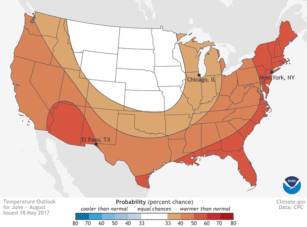 Map of U.S. showing places with the highest chances of a hotter than average summer
