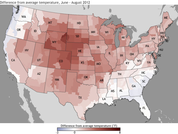 Map showing difference from average temperature in U.S. during summer 2012