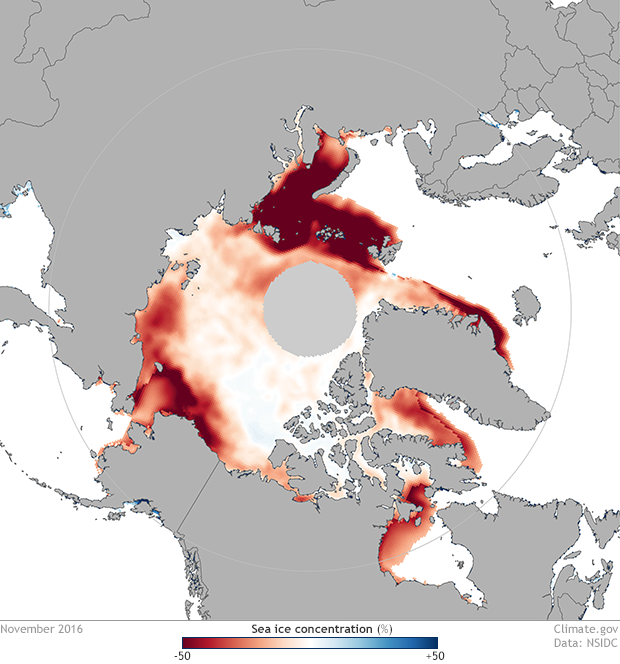 Arctic sea ice concentration anomalies in November 2016