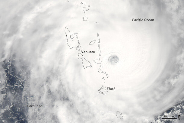 Satellite image of Cyclone Pam passing over Vanuatu in the western tropical Pacific on March 13, 2015