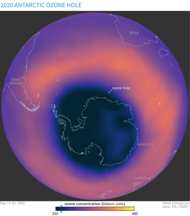 Satellite image of ozone concentration near the peak of the 2020 ozone hole over Antarctica