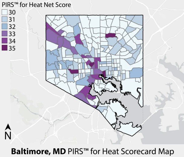 Color-coded map showing Baltimore neighborhoods heat-policy scores