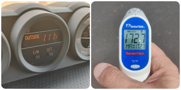 Photo mosaic showing dashboard-recorded temperatures on the left and street surface temperatures on the right