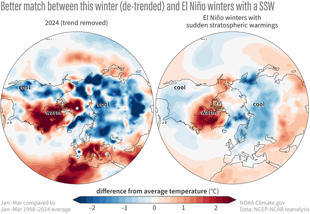 temperature maps for 2024 and El Ninos with SSWs