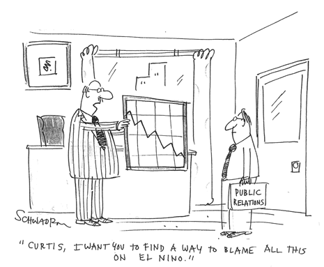Cartoon of a boss showing someone in PR a line chart with a downward trends and saying, "Curtis, I want you to find a way to blame all this on El Nino."