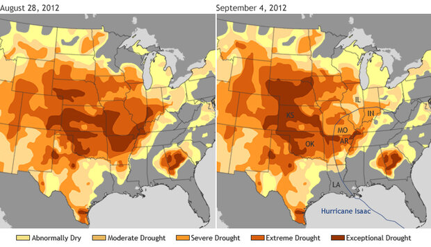 Graphic depicting comparison of U.S. drought maps from August 28 and September 4, 2012