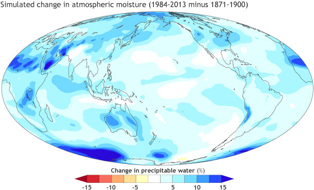 Global map showing simulated change in atmospheric moisture (1984-2013 minus 1871-1900)