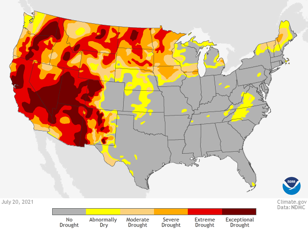 Map of drought in contiguous United States in July 2021