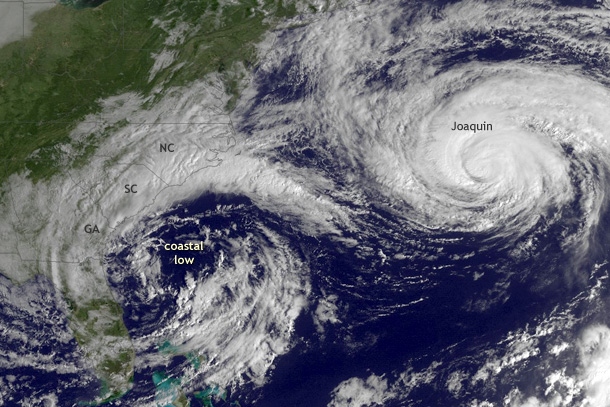 satellite view of clouds over US east coast on October 5 showing Hurricane Joaquin over the Atlantic and the coastal low-pressure system that brought rain and floods to south carolina