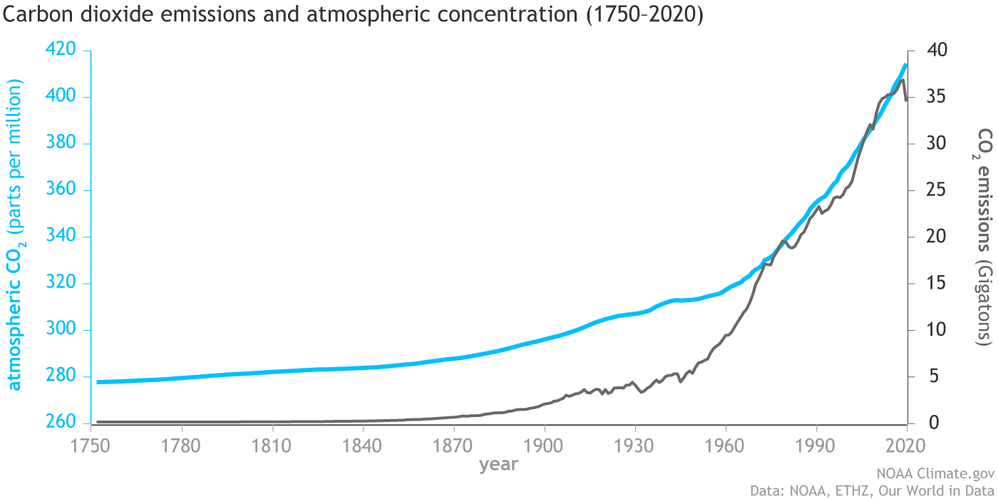 line graph showing human carbon dioxide emissions (gray line) and the resulting atmopsheric carbon dioxide levels (blue line)