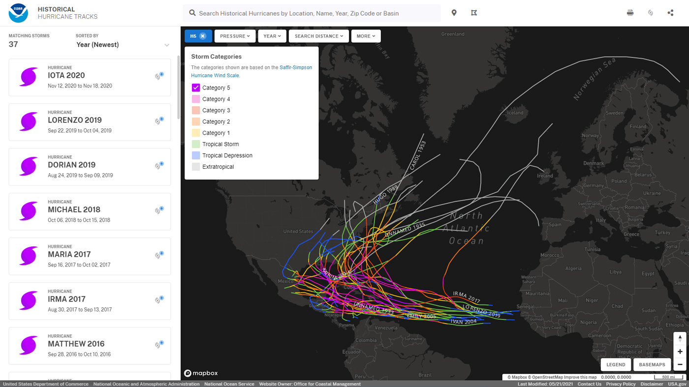 Example full sized image for Historical Hurricane Tracks - GIS Map Viewer