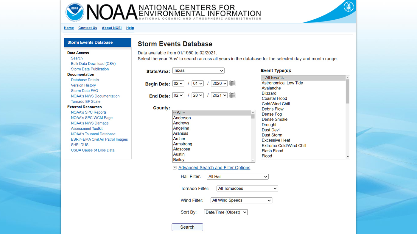 Severe Storms and Extreme Events - Data Table