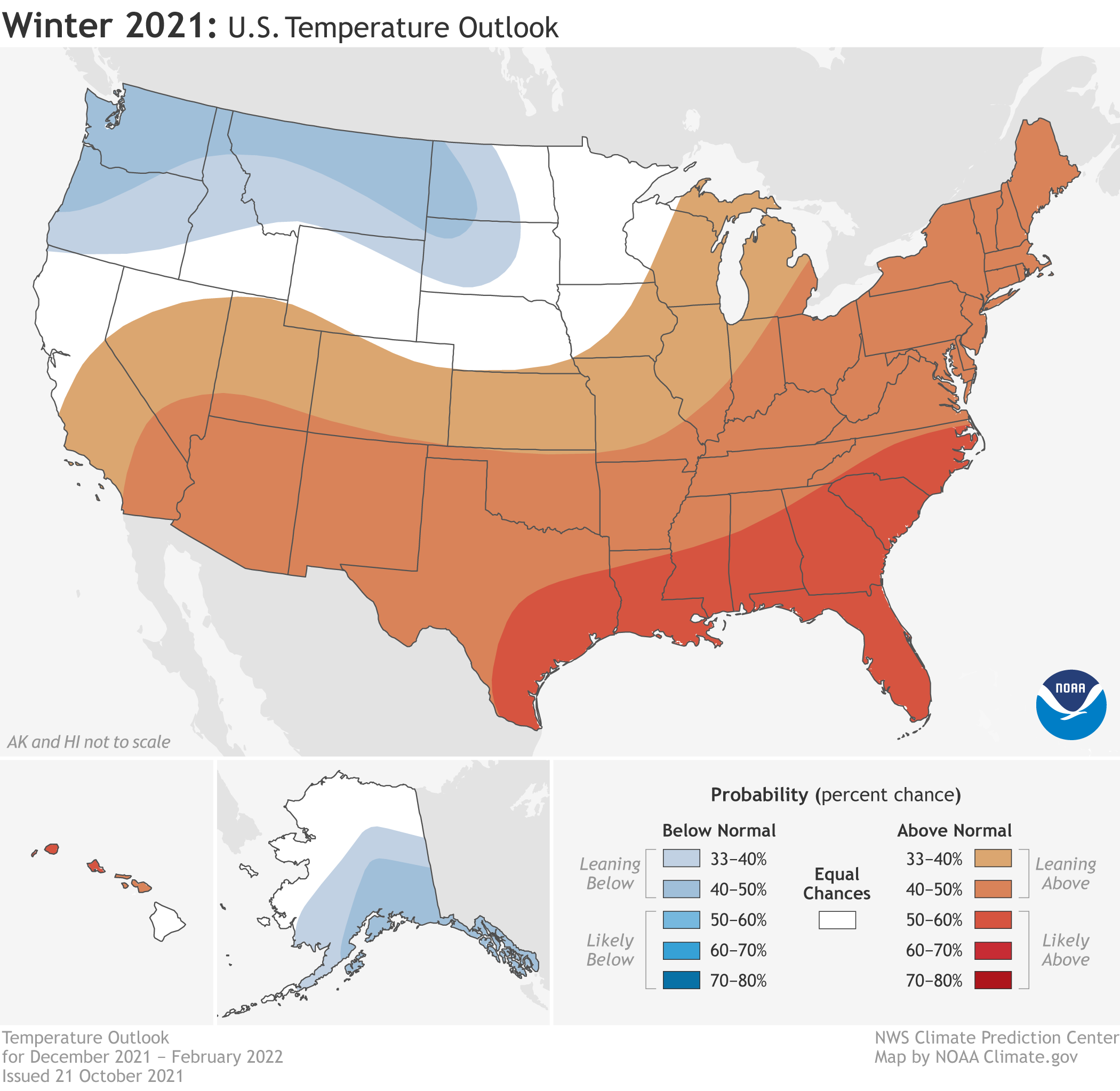 U.S. map of 2021-22 winter temperature outlook