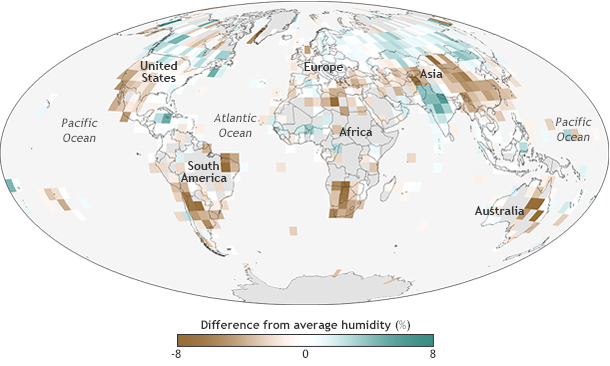 Global land relative humidity anomaly map for 2013 versus 1981–2010 baseline