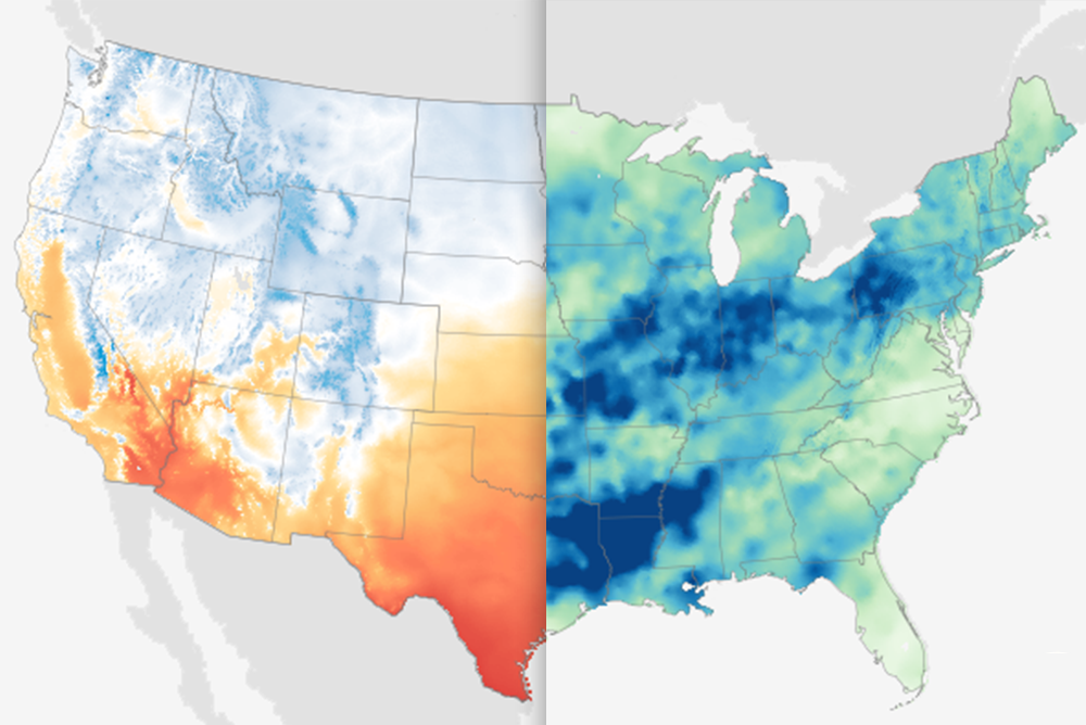Two overlapping U.S. maps showing precipitation and temperature in April 2024