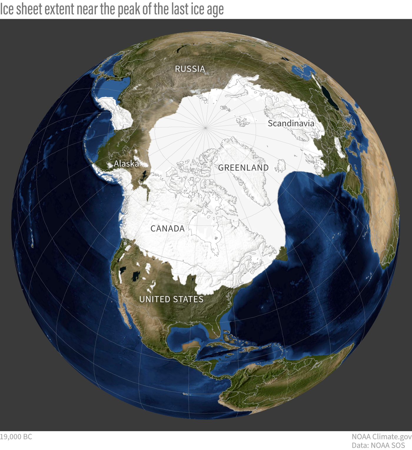 Blue marble globe with Northern Hemisphere ice sheet at peak of last ice age