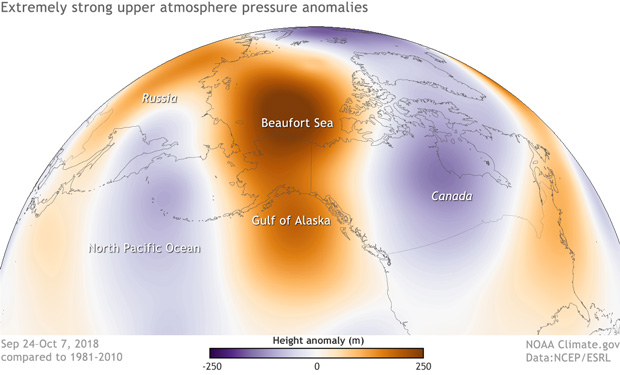 A map of the Arctic and North Pacific centered on Alaska showing air pressure anomalies in late September and early October 2018