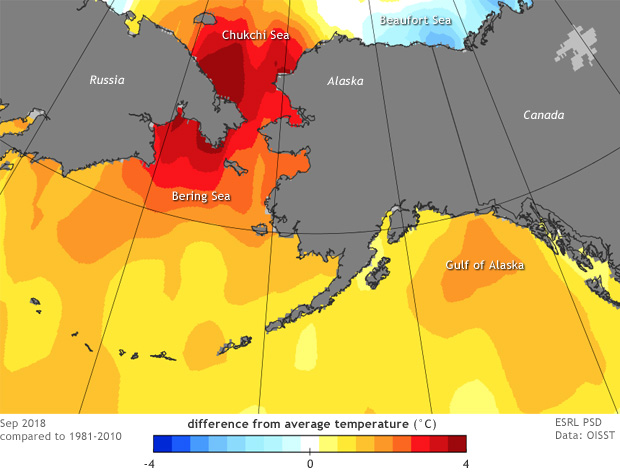 Map of North Pacific and Bering Strait area showing warm ocean conditions in September 2018