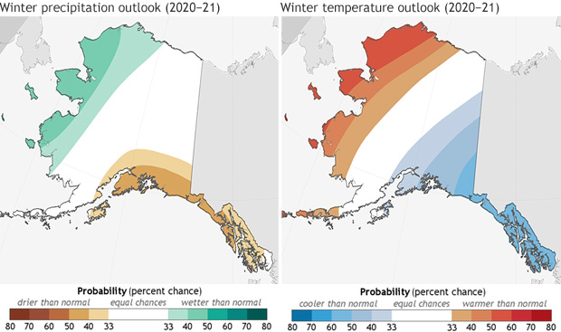 Map pair showing Alaska temperature and precipitation outlooks for winter 2020-21