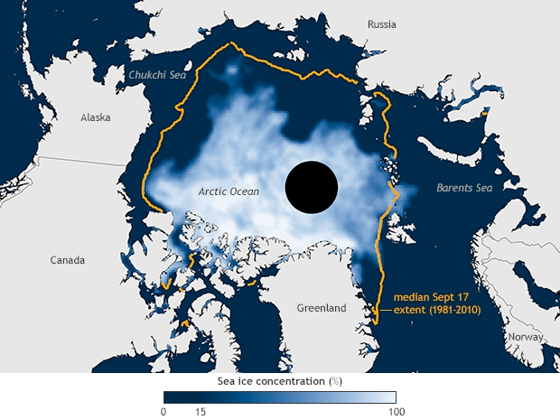 Map of Arctic sea ice concentration in September 2014 in shades from light blue to white