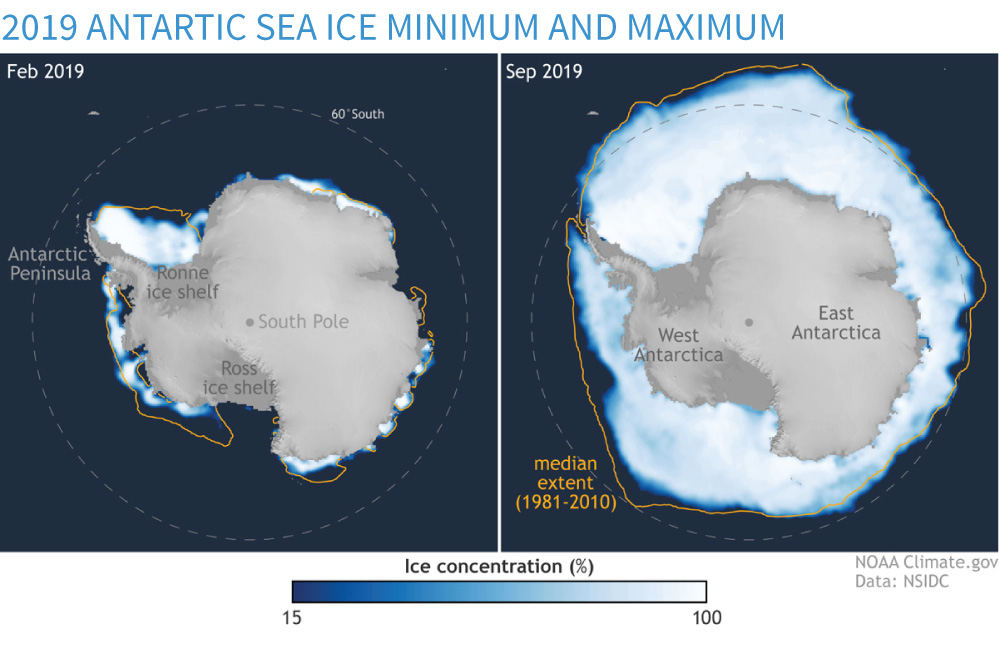 Maps of minimum and maximum Antarctic sea ice