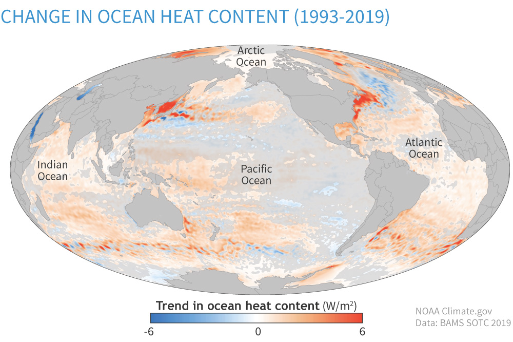 Globale kaart van trends in de oceaanwarmte-inhoud van 1993-2019, met warmtetoenames in oranje en afnames in blauw. Een transparant grijs masker bedekt plaatsen waar de trends statistisch niet significant waren.