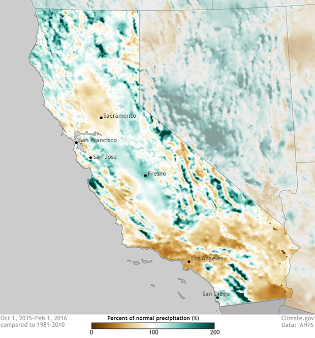 Map of percent of normal precipitation across the West between October 2015 and January 2016. 