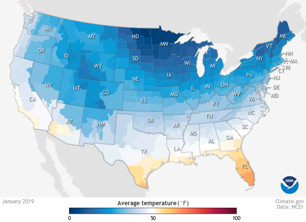 Maps of the contiguous U.S. toggling back and forth between maps of average temperatures in January and February 2019