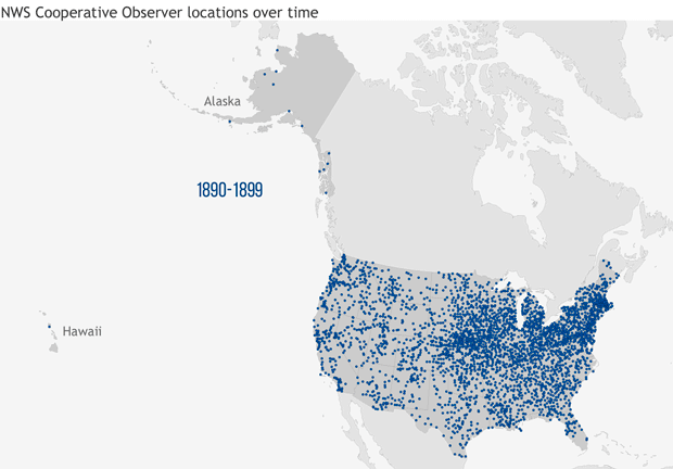 animated maps of observer locations from 1890-2009