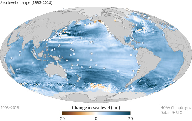 Global map of mean sea level change since 1993 with dots showing local sea level change on land