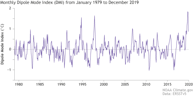 Dipole Mode Index time series graph from 1979 to 2019 highlighting the record 2019 positive IOD peak