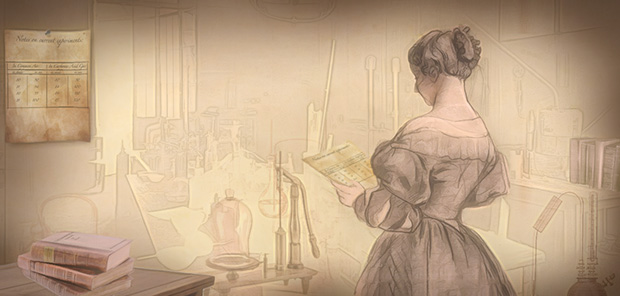 Drawing of a woman in 19th-century dress standing in front of a table with scientific instruments
