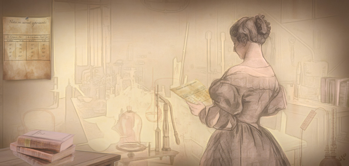 The historical figure Eunice Newton Foote is illustrated standing in front of chemistry equipment, reading from a piece of paper.