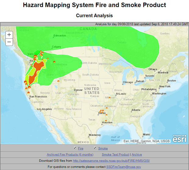 Screenshot of the Hazard Mapping System Fire and Smoke Product