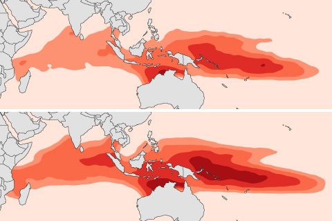 A warm pool in the Indo-Pacific Ocean has almost doubled in size, changing global rainfall patterns