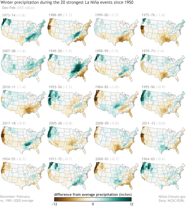 Maps of precipitation patterns across the U.S. during 20 La Niña events since 1950