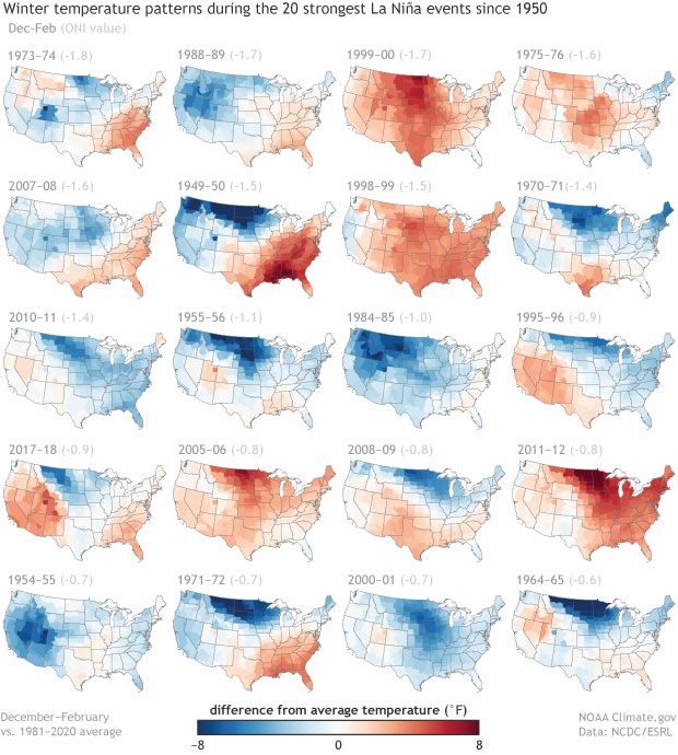 Maps of temperature patterns across the U.S. during 20 La Niña events since 1950