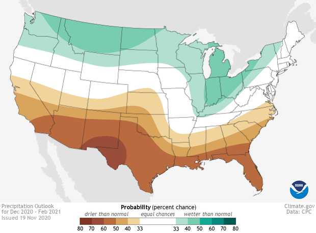 Map of US winter precipitation forecast for 2020-21