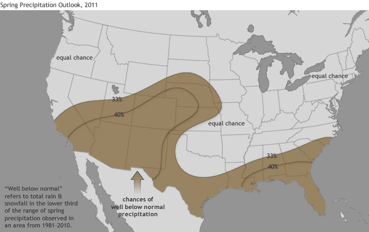 U.S. Map showing outlook for precipitation in spring 2011