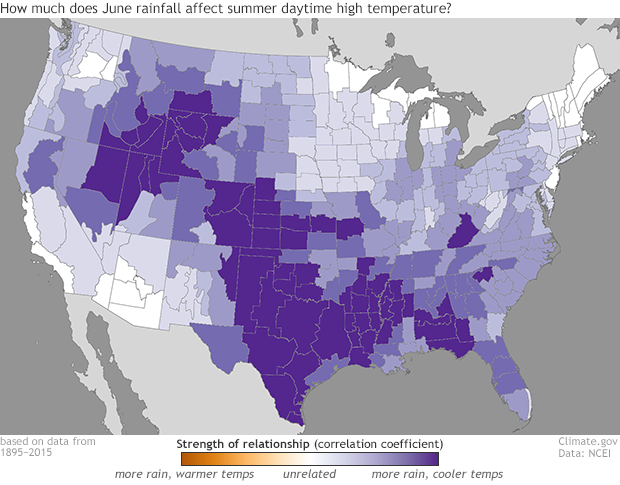 Relationship between June rainfall and summer maximum temperatures, by climate division