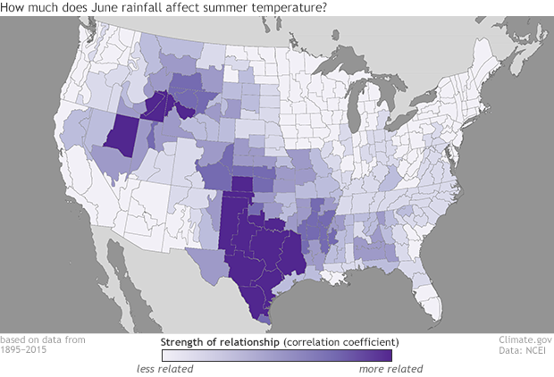 color-coded map of the correlation between June preciptiation and summer temperature for the U.S.