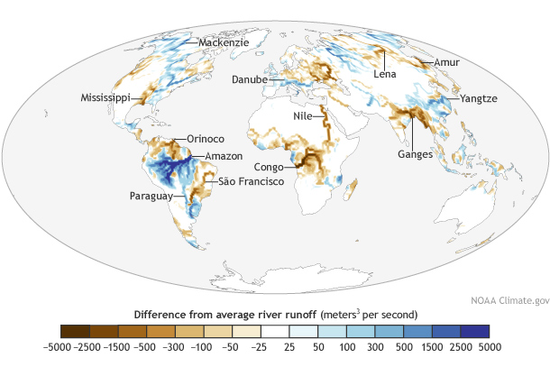 Map shows river outflow in 2014 compared to the 1979-2013 average. 