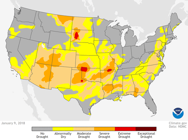 US maps showing drought conditions from mid-January to mid-April 2018.