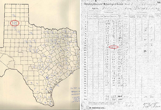 On the left, a historical map of Texas counties filled in with hand-written temperature in blue pen. On the right, a grainy scan of an official weather observer record form with hand written, daily entries for February 1899.